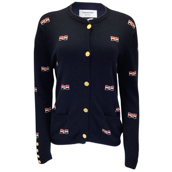 THOM BROWNE NAVY BLUE BOW DESIGN LONG SLEEVED BUTTON-DOWN CASHMERE